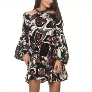 Free People Drift Away Multicolor Black Print Cold Shoulder Tunic Dress